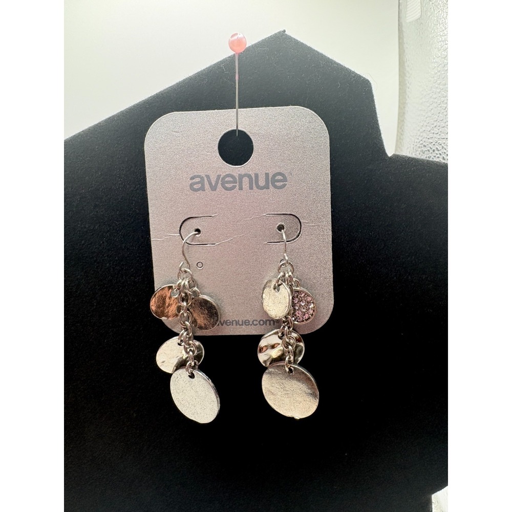 Avenue Silver Bangle‎ Pierced Earrings Round Disc Drop Hook Closure Silver Tone